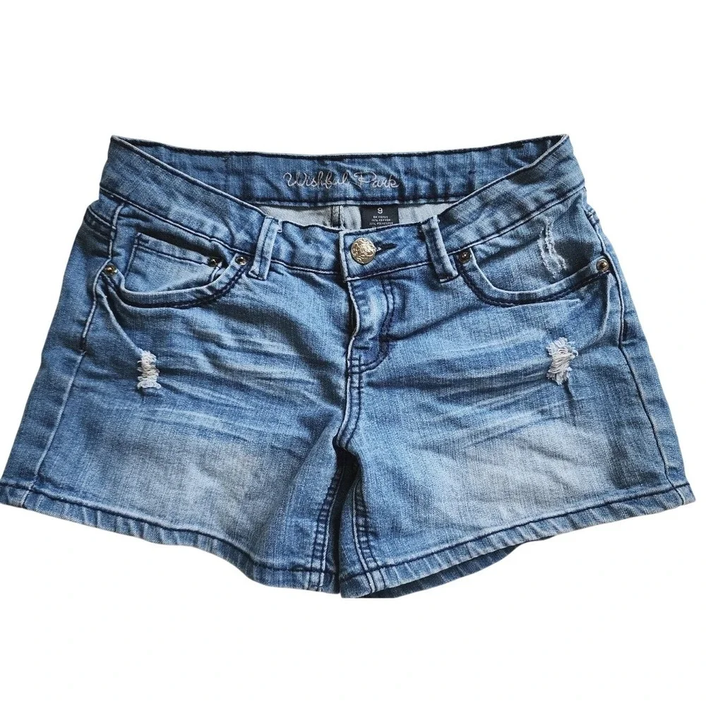 Wishful Park Womens Distressed Y2K Denim Shorts Medium Wash Blue Size 9 JS413354